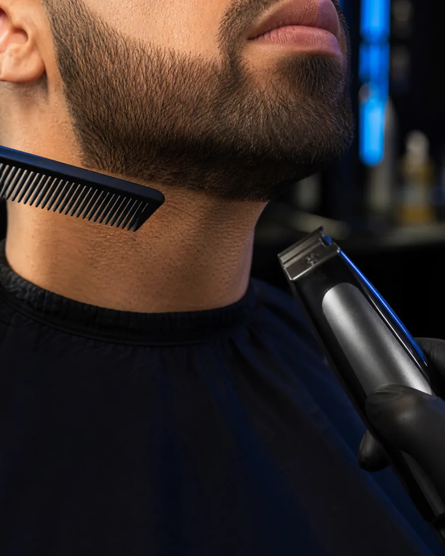 Generated barbershop image showing short beard trim detailing.