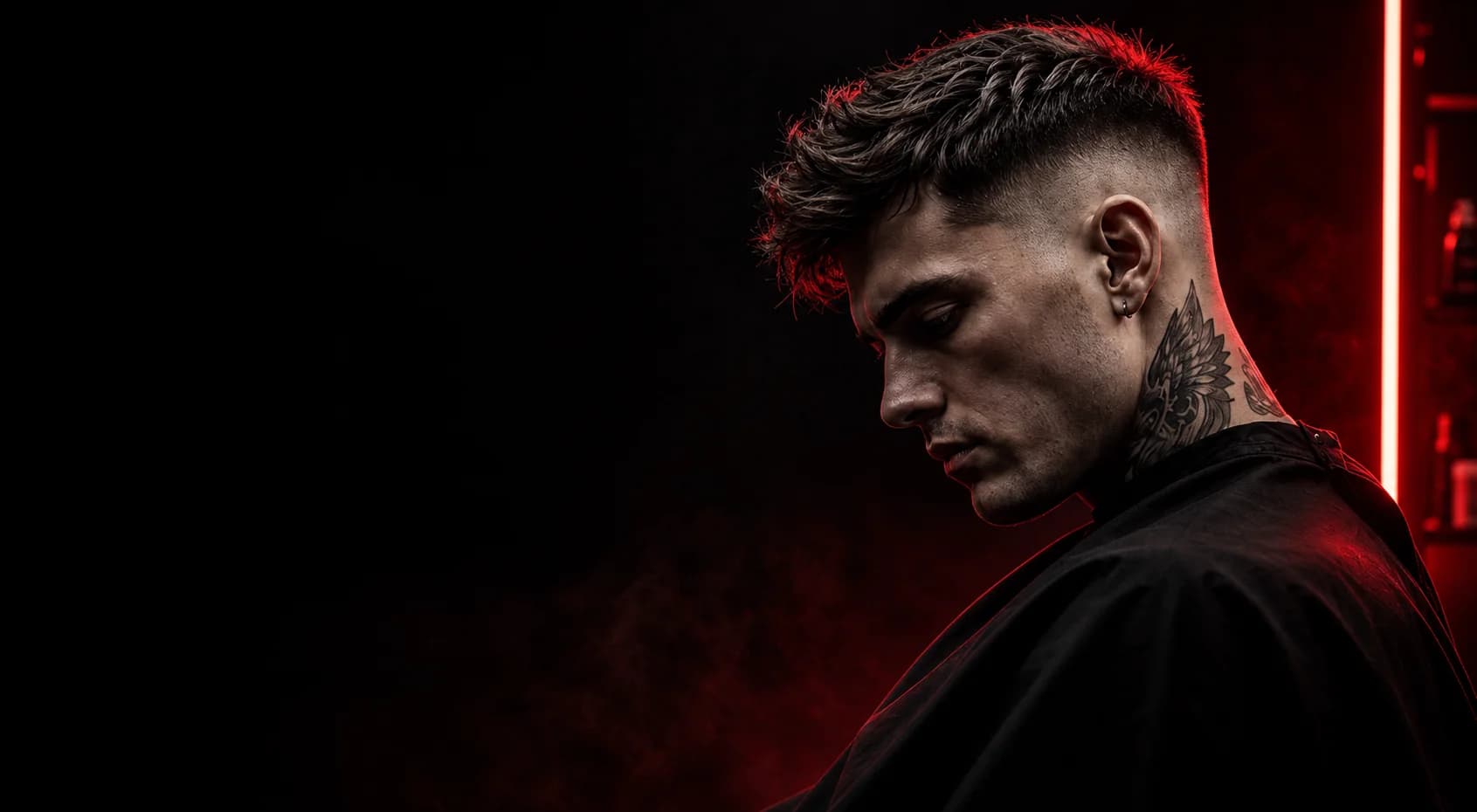 Generated editorial image of an anonymous man with a sharp fade haircut against a dark red-lit background.