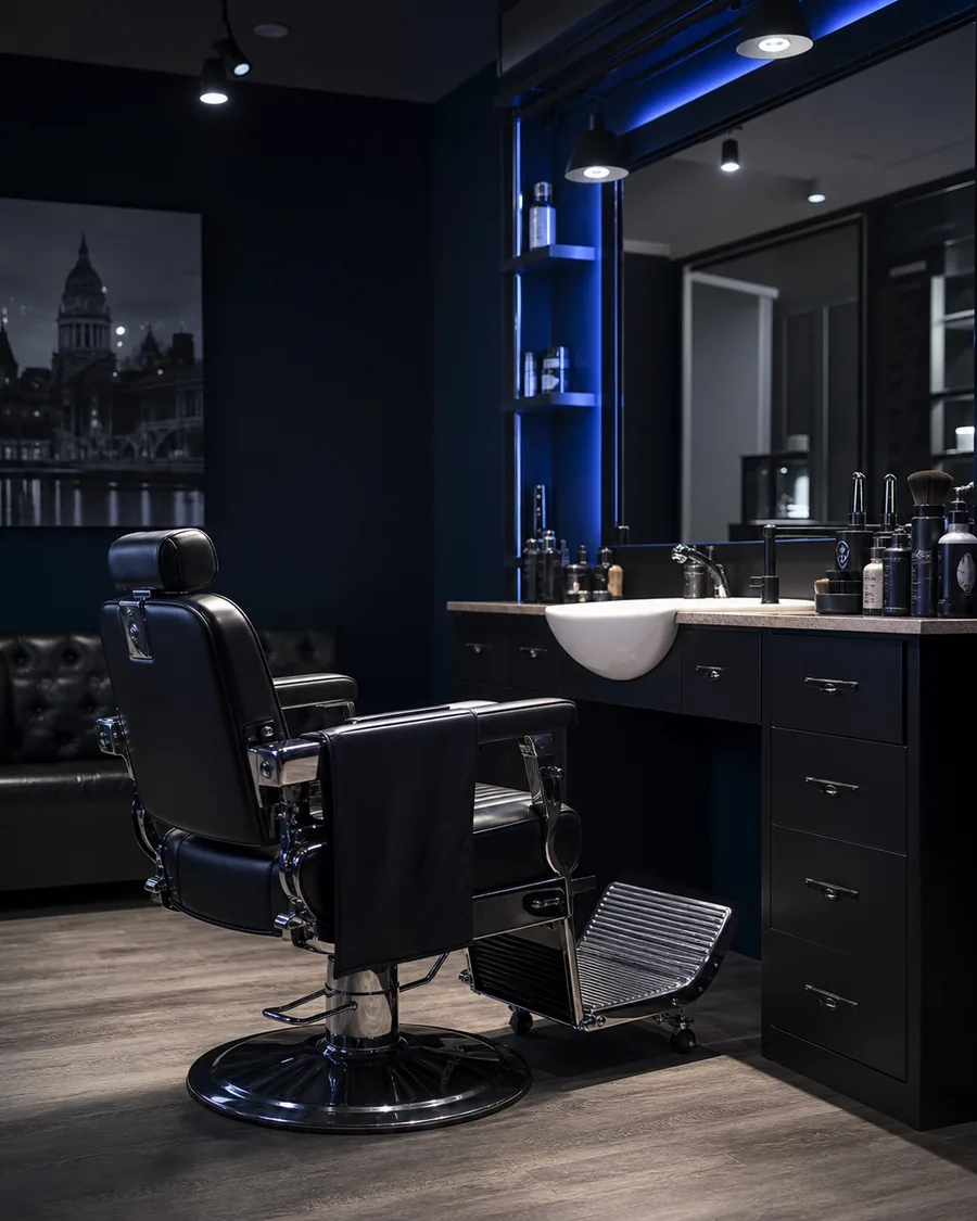 Generated image of a dark premium barbershop interior with barber chairs.