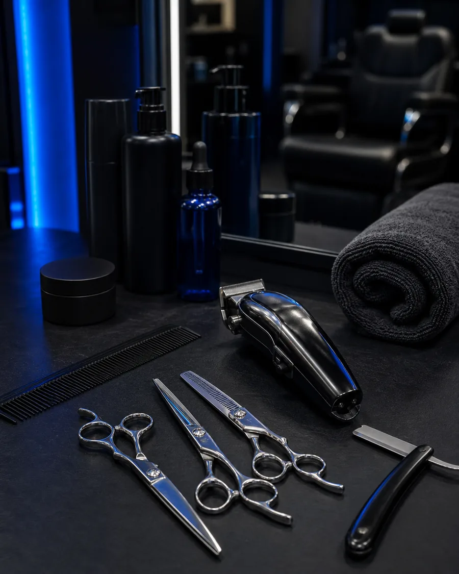 Generated barbershop image showing premium barber tools on a dark counter.